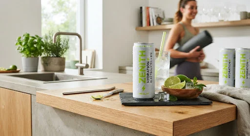 Modern organic kitchen island with sleek functional beverage cans with vibrant neon lime accents, chilled condensation on aluminum, sliced fresh citrus, active lifestyle atmosphere, crisp commercial product photography
