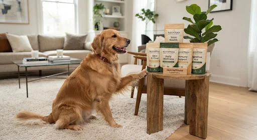 Golden retriever looking playfully near high-end organic dog supplement pouches arranged neatly in an upscale modern home living room