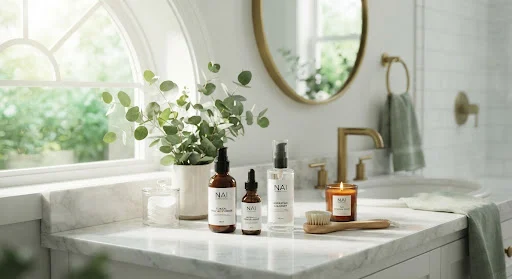 An aesthetic bathroom vanity counter featuring clean clinical skincare glass pumps, botanical serum dropper bottles, fresh eucalyptus stems, gentle morning sunlight streaming with subtle emerald cast and soft shadows, editorial magazine photography