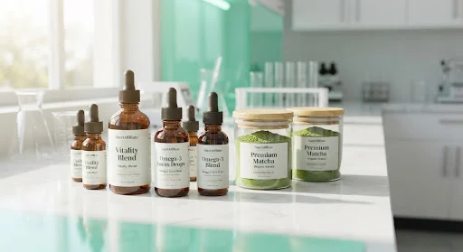 Close up photograph of sleek premium dietary supplement amber glass dropper bottles and clean matcha powder jars set upon an ultra modern lab surface with vivid mint green reflections and soft natural studio sunlight.