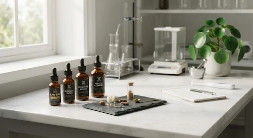 High quality photography of a minimalist biohacking laboratory setup with amber glass supplement droppers, nootropic capsules on clean white slate, soft morning sunlight, emerald botanical accents, clean scientific precision aesthetic