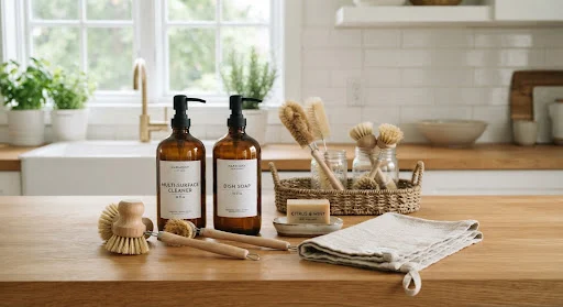 Minimalist eco-friendly home kitchen cleaning products in refillable amber glass bottles, solid wooden dish brushes, natural linen kitchen cloths, sustainable lifestyle clean aesthetic in soft daylight