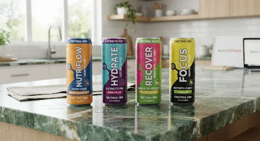 Modern colorful functional soda cans with condensation droplets resting on a polished green marble kitchen island in bright natural light