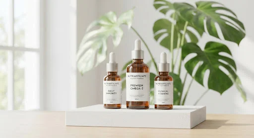 Minimalist clean amber supplement bottles on a white podium with soft green botanical monstera leaves and clinical sunlight reflections