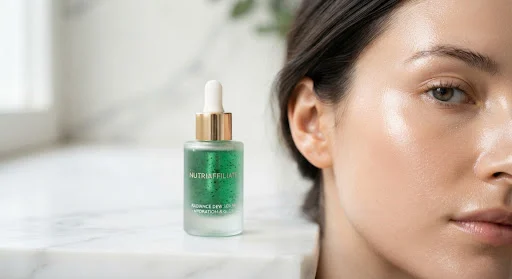 Close up photography of radiant luminous dewy skin alongside modern frosted glass serum dropper bottle with emerald green essence on clean marble backdrop, soft diffused natural daylight, hyper clean editorial beauty magazine tone
