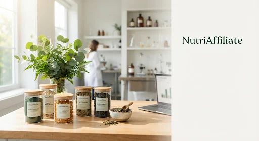 Modern well-lit nutrition lab and wellness lifestyle setting, aesthetic glass jars with clean herbal supplements, emerald green botanical leaves in soft natural sunlight, professional clean photography matching NutriAffiliate identity