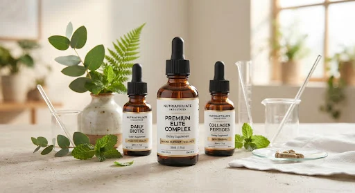 A clean, minimalist high-end dietary supplement packaging with amber glass dropper bottles, botanical green leaves, and clinical laboratory glassware under warm natural daylight, soft mint reflections, modern wellness branding aesthetic