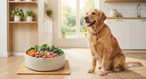 A healthy golden retriever happily waiting next to a modern ceramic bowl filled with wholesome raw fresh pet food, fresh carrots, leafy greens, and omega supplement oil drizzle in a sunlit Scandinavian kitchen