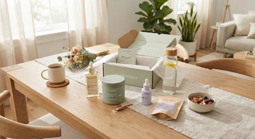 Aesthetic unboxing scene of modern wellness lifestyle consumer package goods, eco-friendly pastel packaging, bio-active body care and morning hydration powders laid out elegantly on a sleek contemporary wooden dining table with gentle morning sunlight