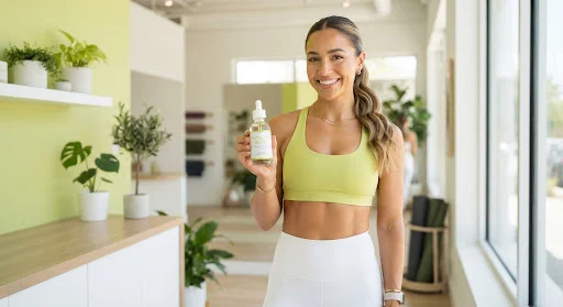 Athletic wellness creator holding high end glass supplement bottle against clean airy sunny studio, modern aesthetic with lime and white minimalist interior, crisp sharp lighting, high resolution lifestyle commercial photography