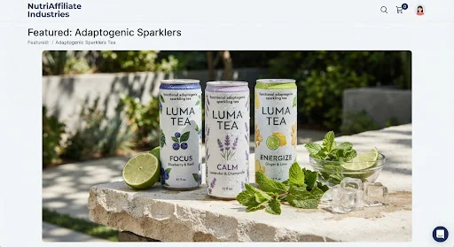 Modern aluminum sleek cans of functional adaptogenic sparkling tea resting beside sliced fresh citrus fruits, organic mint leaves, and ice, on an architectural stone surface with dappled garden shadows, crisp commercial product photo