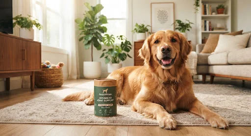 Vibrant healthy Golden Retriever happily resting next to veterinary grade joint supplement chews in eco-friendly packaging, bright clean contemporary living room with houseplants and soft natural light, warm pet care lifestyle