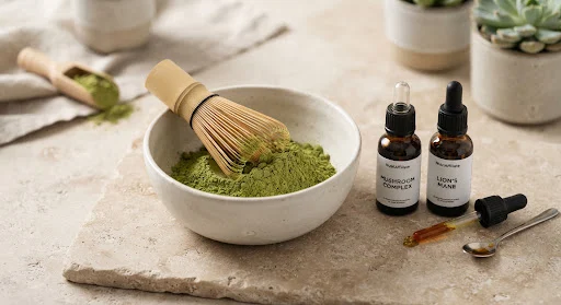 A clean ceramic bowl of green matcha powder with wooden whisk and mushroom tincture droppers on an earthy neutral stone surface