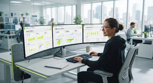 Modern technical software engineer analyzing high volume affiliate conversion tracking data on multiple ultra wide glass monitors, high-key clean bright daylight laboratory aesthetic with neon lime accents and sleek UI graphs