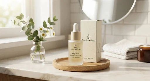 High-end organic face serum dropper and glass packaging in warm clean bathroom counter setup with eucalyptus sprigs and morning daylight