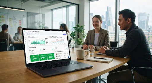Modern high tech performance analytics dashboard displaying supplement sales graphs, creator engagement curves, and green ROI indicators on a dark crisp laptop display inside a bright clean creative boardroom.